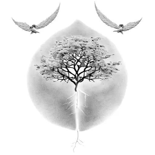 A tree of life with leaves bearing birth dates of two boys (born and angelic silhouettes of two unborn girls. Playful bo tattoo design idea
