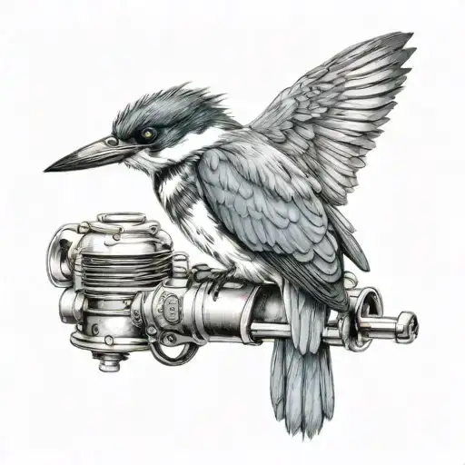 belted kingfisher perched on outboard motor tattoo design idea
