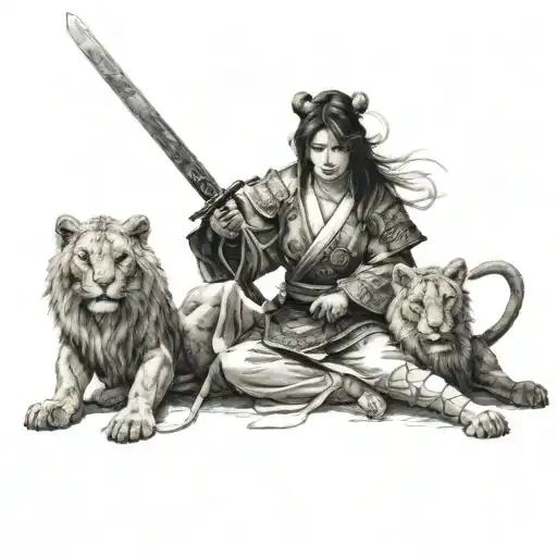 A fierce elegant female samurai kneeling angel holding a sword, surrounded by lions tattoo design idea