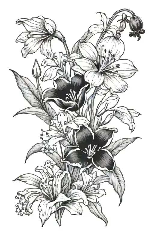 snowdrop, marigold, carnation, poppy, cosmos, gladiolus  tattoo design idea