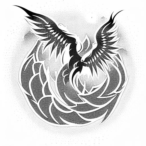 Tribal phoenix in lining style, fire around it, spreading wings, black and red tattoo design idea