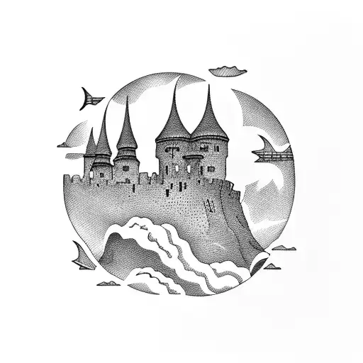 A blackwork tattoo of a fortress on a cliff overlooking the sea, representing the student's fascination with both travel and the concept of inaccessibility tattoo design idea