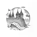 A blackwork tattoo of a fortress on a cliff overlooking the sea, representing the student's fascination with both travel and the concept of inaccessibility tattoo design idea