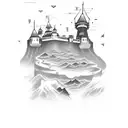A blackwork tattoo of a fortress on a cliff overlooking the sea, representing the student's fascination with both travel and the concept of inaccessibility tattoo design idea