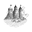 A blackwork tattoo of a fortress on a cliff overlooking the sea, representing the student's fascination with both travel and the concept of inaccessibility tattoo design idea