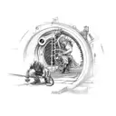 A car mechanic wrenching open a portal to a fantasy world tattoo design idea