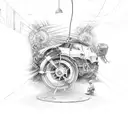 A car mechanic wrenching open a portal to a fantasy world tattoo design idea