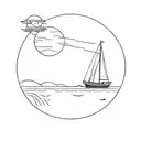 Simple black and white drawn tattoo that is a circle and shows a ute towing a boat towards a lake leaving from a holiday tattoo design idea