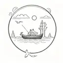 Simple black and white drawn tattoo that is a circle and shows a ute towing a boat towards a lake leaving from a holiday tattoo design idea