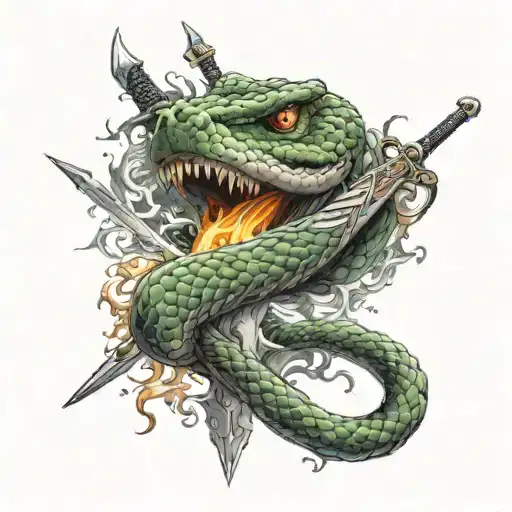 A snake wrapped around a sword on fire tattoo design idea