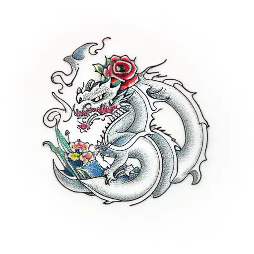 dragon with flowers and a wave filler tattoo design idea