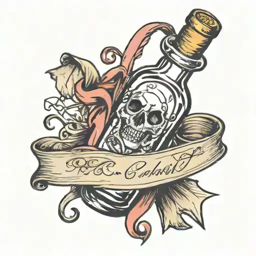 message in a bottle with a  heart shaped ribbon wrapped around the neck. tattoo design idea