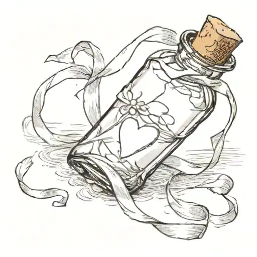 message in a bottle with a  heart shaped ribbon wrapped around the neck. tattoo design idea