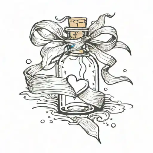 message in a bottle with a ribbon wrapped around the neck. the ribbon ties into the shape of a heart tattoo design idea