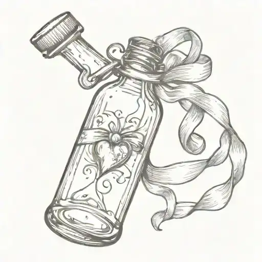 message in a bottle with a  heart shaped ribbon wrapped around the neck. tattoo design idea