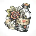 message in a bottle with a  heart shaped ribbon wrapped around the neck. tattoo design idea