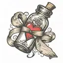 message in a bottle with a  heart shaped ribbon wrapped around the neck. tattoo design idea