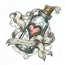 message in a bottle with a  heart shaped ribbon wrapped around the neck. tattoo design idea