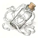 message in a bottle with a  heart shaped ribbon wrapped around the neck. tattoo design idea