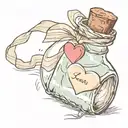 message in a bottle with a  heart shaped ribbon wrapped around the neck. tattoo design idea