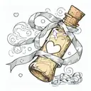 message in a bottle with a  heart shaped ribbon wrapped around the neck. tattoo design idea