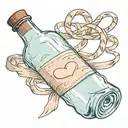 message in a bottle with a  heart shaped ribbon wrapped around the neck. tattoo design idea