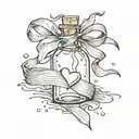message in a bottle with a ribbon wrapped around the neck. the ribbon ties into the shape of a heart tattoo design idea