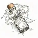 message in a bottle with a ribbon wrapped around the neck. the ribbon ties into the shape of a heart tattoo design idea