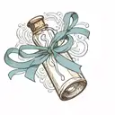 message in a bottle with a ribbon wrapped around the neck. the ribbon ties into the shape of a heart tattoo design idea