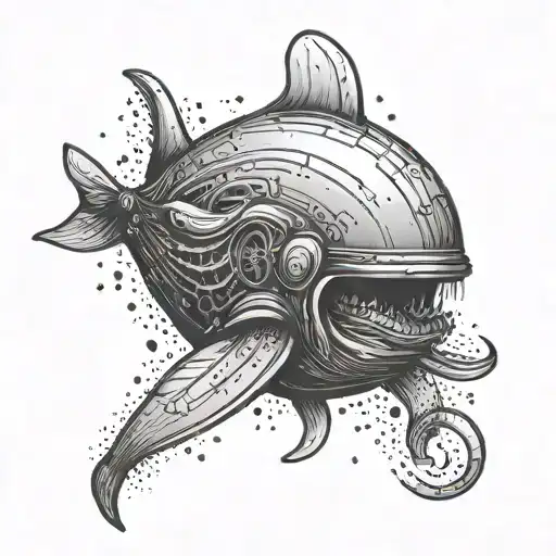 A military helmet with a majestic space whale flying out of it tattoo design idea