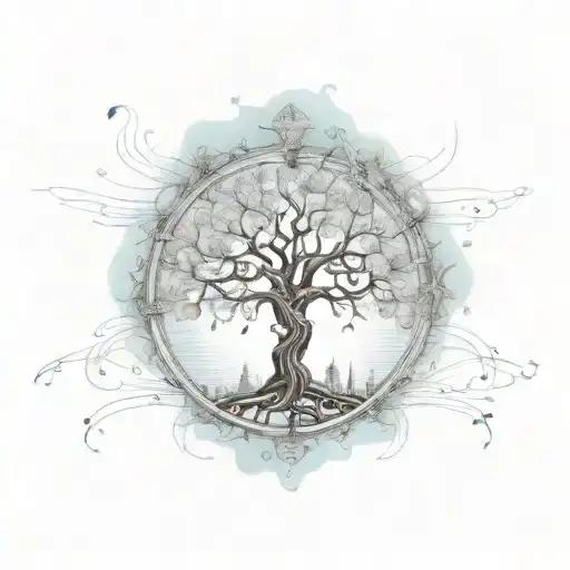A steam punk-inspired tree of life with musical notes flowing through the branches tattoo design idea