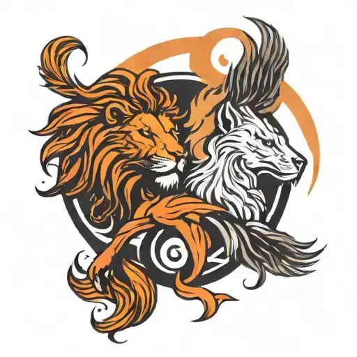 A minimalist tattoo of a lion and a phoenix in a yin yang symbol, symbolizing strength and rebirth in the client's favorite animals tattoo design idea