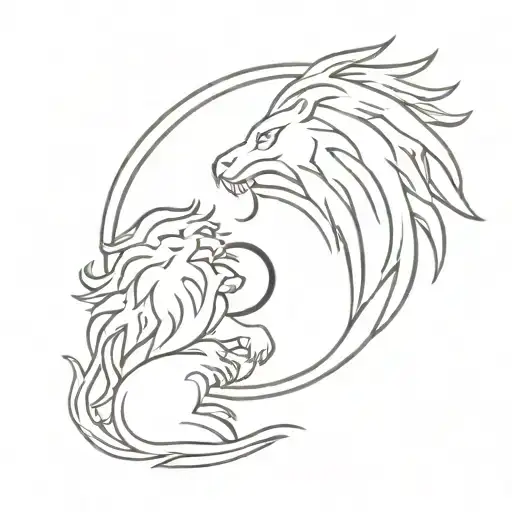 A minimalist tattoo of a lion and a phoenix in a yin yang symbol, symbolizing strength and rebirth in the client's favorite animals tattoo design idea