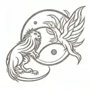 A minimalist tattoo of a lion and a phoenix in a yin yang symbol, symbolizing strength and rebirth in the client's favorite animals tattoo design idea