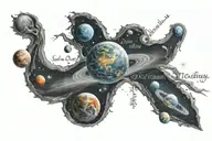 A cosmic path of celestial bodies with the inscription "I am only matter" tattoo design idea