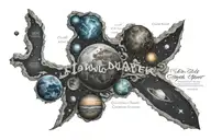 A cosmic path of celestial bodies with the inscription "I am only matter" tattoo design idea