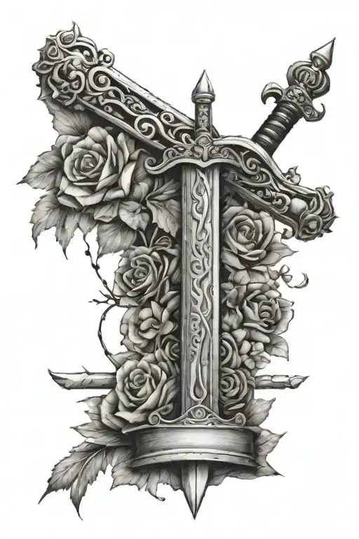 a sword surrounded by mostly books, with some flowers, vines, and one small crown tattoo design idea