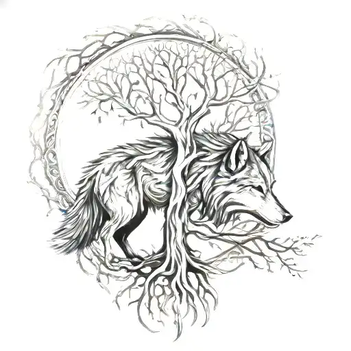Gray wolf tree of life kam drum tattoo design idea