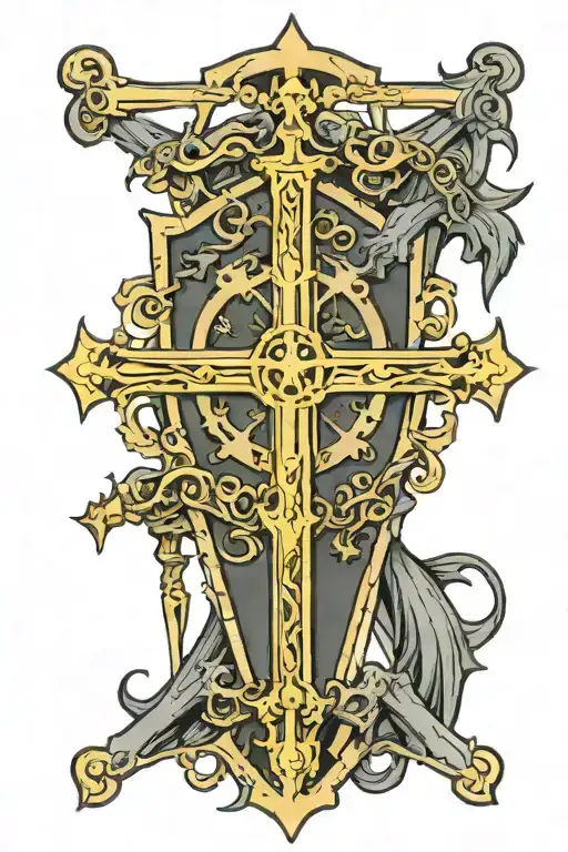 pagan, death, war sword shield cross royalty tattoo design idea