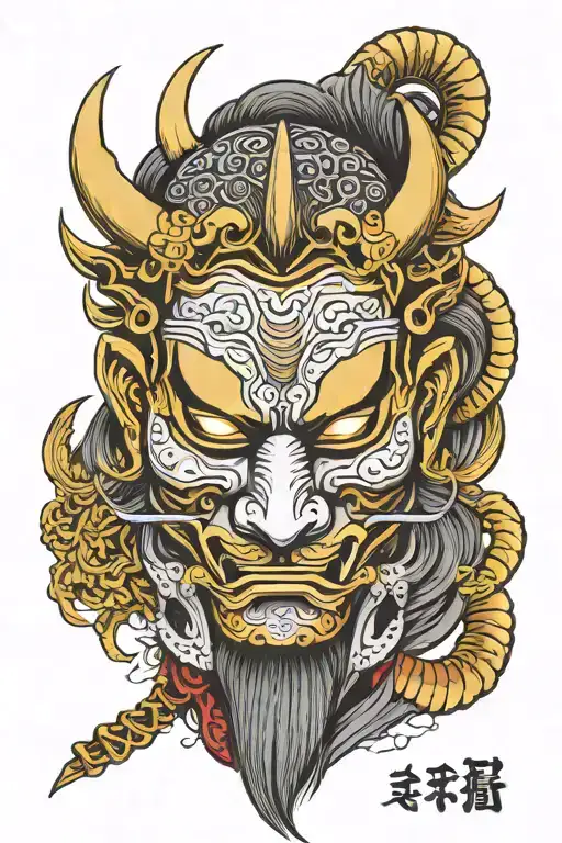 Half Hanya Mask samurai and Half Aries Face outline with a crack tattoo design idea