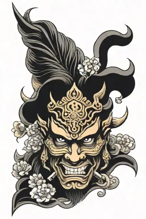 Half Hanya Mask samurai and Half Aries face Zodiac Sign tattoo design idea