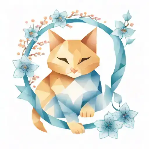 origami cat with cherry blossom flowers  tattoo design idea
