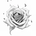 A black-grey geometric rose with musical notes entwined within the petals tattoo design idea