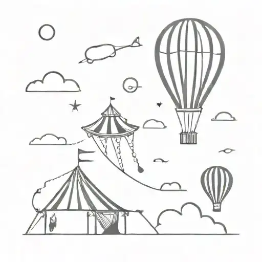 circus tent and airplain and balloon floating tattoo design idea