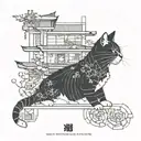 A Japanese-inspired architectural blueprint with a playful cat motif integrated into the design tattoo design idea