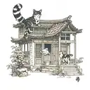 A Japanese-inspired architectural blueprint with a playful cat motif integrated into the design tattoo design idea