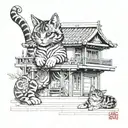 A Japanese-inspired architectural blueprint with a playful cat motif integrated into the design tattoo design idea