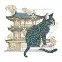 A Japanese-inspired architectural blueprint with a playful cat motif integrated into the design tattoo design idea