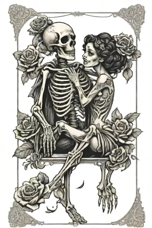 tarot card frame the lovers skeleton tattered holding face tattoo design idea