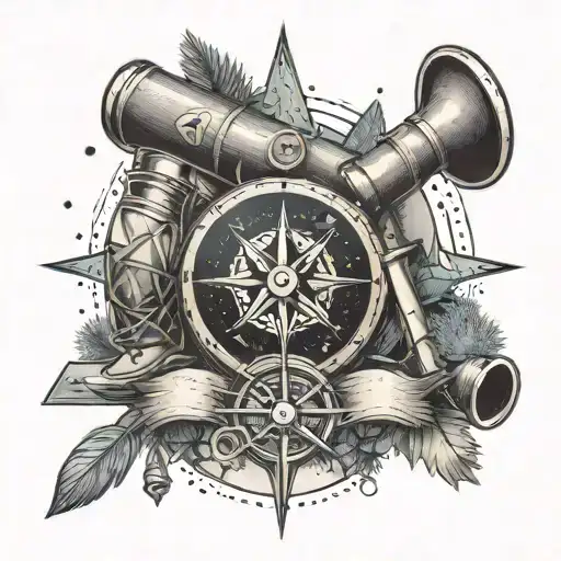 A compass rose tattooed on the knee, surrounded by gym equipment and camping gear, symbolizing the client's love for adventure and exploration tattoo design idea